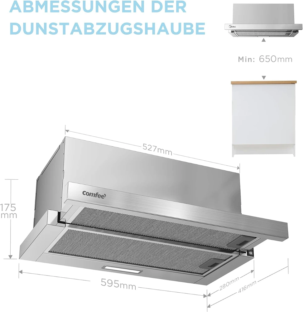 COMFEE' ištraukiamas plokščias virtuvinis gartraukis 60 cm, 400 m³/h, A+, CHL03M21S
