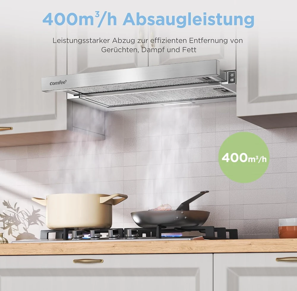 COMFEE' ištraukiamas plokščias virtuvinis gartraukis 60 cm, 400 m³/h, A+, CHL03M21S