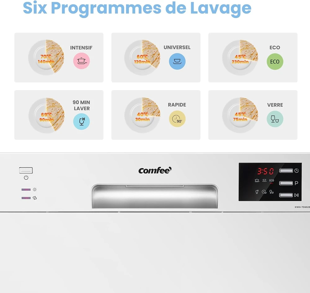 COMFEE kompaktinė laisvai pastatoma indaplovė 6 komplektams, 47 dB, KWH-TD602E-W-FR