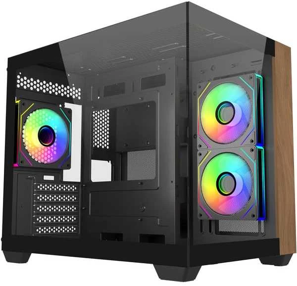 „Cooler Master Elite 481 Wood“, bokšto formos korpusas - juodas/medinis, grūdintas stiklas x 2