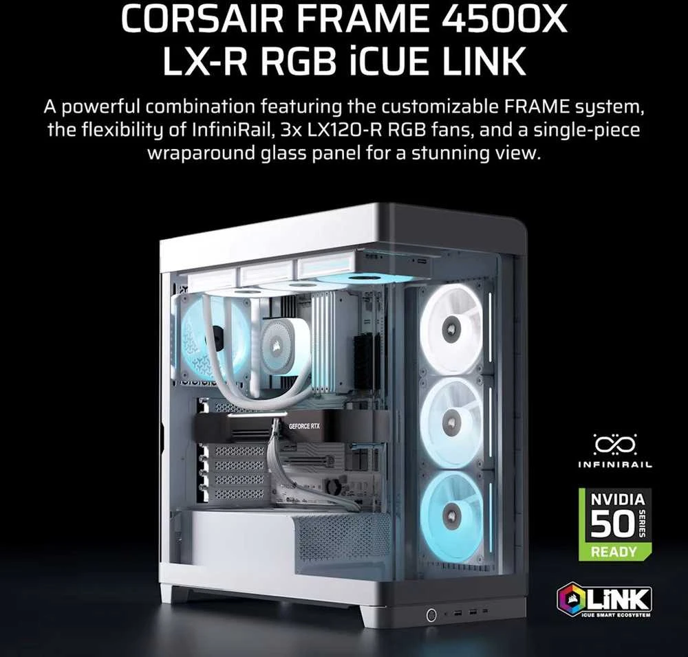 „Corsair FRAME 4500X LX-R RGB“ kompiuterio korpusas, vidutinio dydžio bokštas, E-ATX, grūdintas stiklas – Baltas