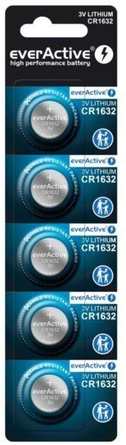 CR1632 everActive baterija pakuotėje po 5 vnt. kaina už dėžutę.