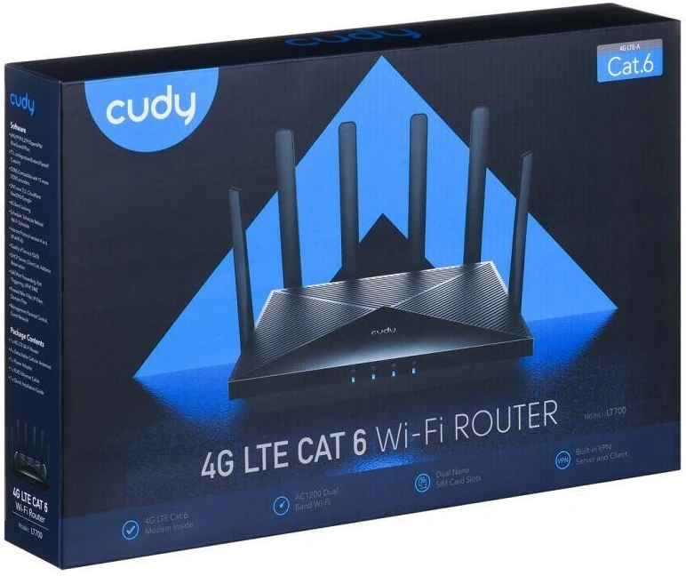 Ausinės CUDY LT700_EU Gigabit LAN AC1200 Maršrutizatorius Dvigubo dažnio juostos Wi-Fi Mesh 4G LTE Cat.6 Dvigubo SIM