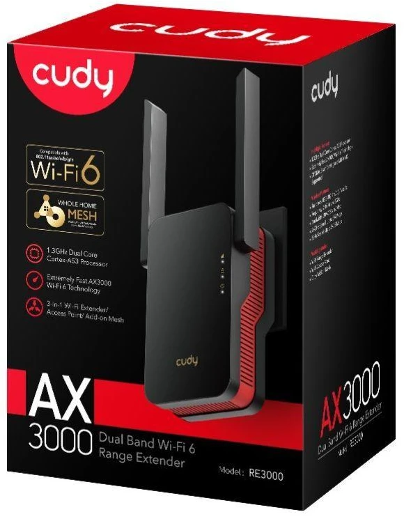Wi-Fi Stiprintuvas - Cudy RE3000 2400-5000 MHz 574/2402 Mbit/s Raudonas/Juodas