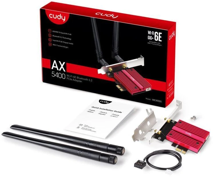 Ausinės CUDY WE3000S AX5400 Wi-Fi 6 tinklo plokštė su „Bluetooth“ 5.2, Intel AX210, PCIe, su radiatoriumi
