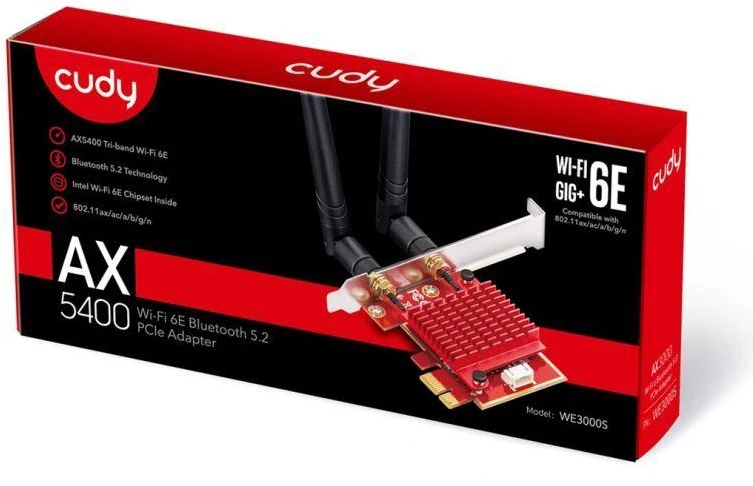 Ausinės CUDY WE3000S AX5400 Wi-Fi 6 tinklo plokštė su „Bluetooth“ 5.2, Intel AX210, PCIe, su radiatoriumi