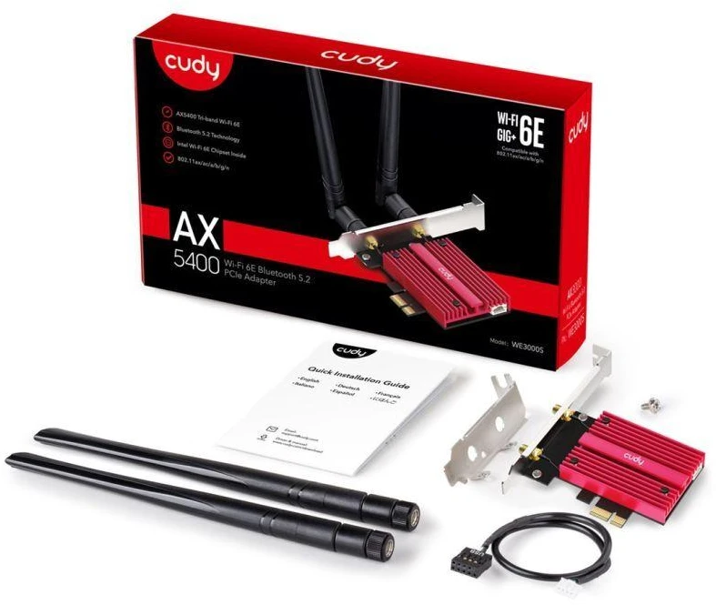Ausinės CUDY WE3000S AX5400 Wi-Fi 6 tinklo plokštė su „Bluetooth“ 5.2, Intel AX210, PCIe, su radiatoriumi