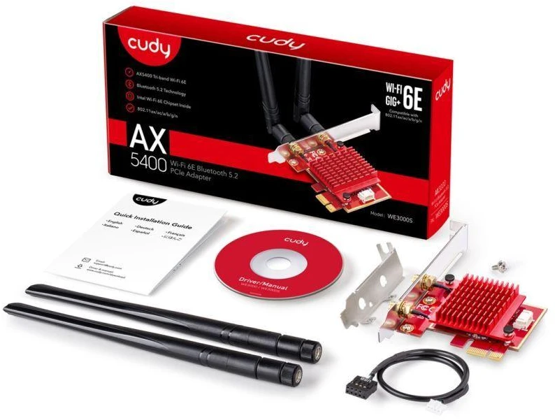 Ausinės CUDY WE3000S AX5400 Wi-Fi 6 tinklo plokštė su „Bluetooth“ 5.2, Intel AX210, PCIe, su radiatoriumi