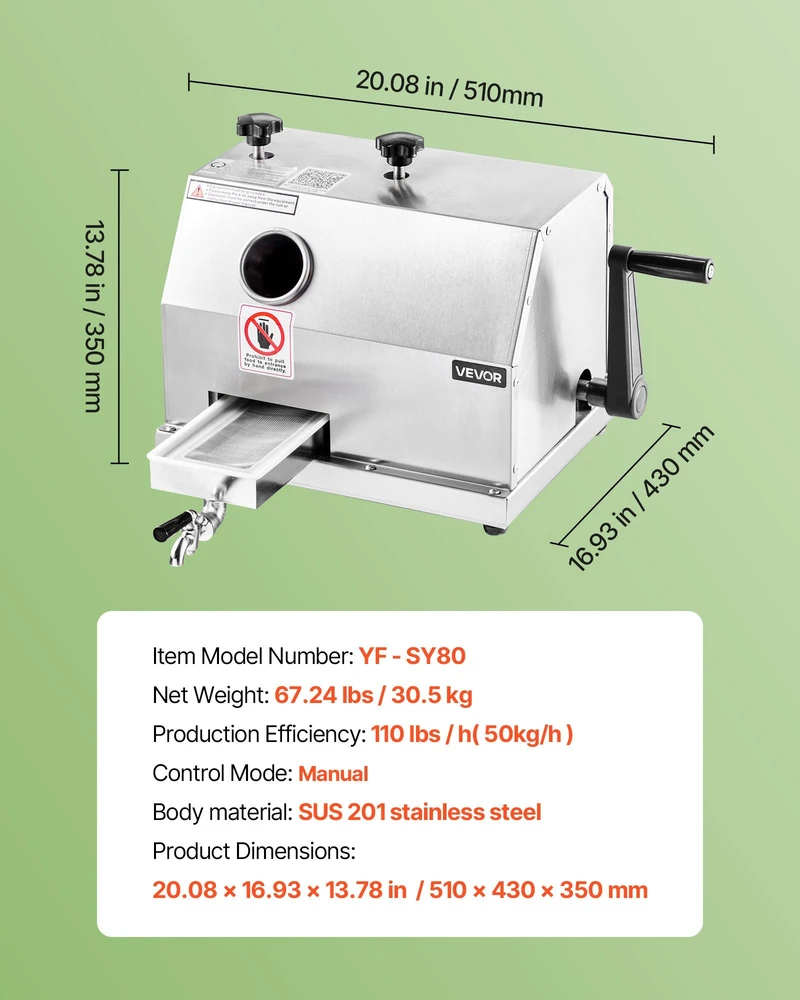 VEVOR Komercinė cukranendrių sulčiaspaudė 50 kg/h 3 ritinėliai