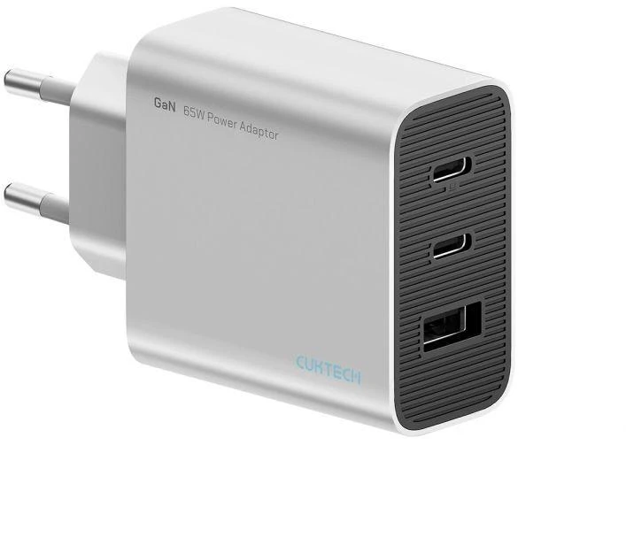 Cuktech 65 W GaN 2 x USB-C 1 x USB-A sieninis įkroviklis – pilkas