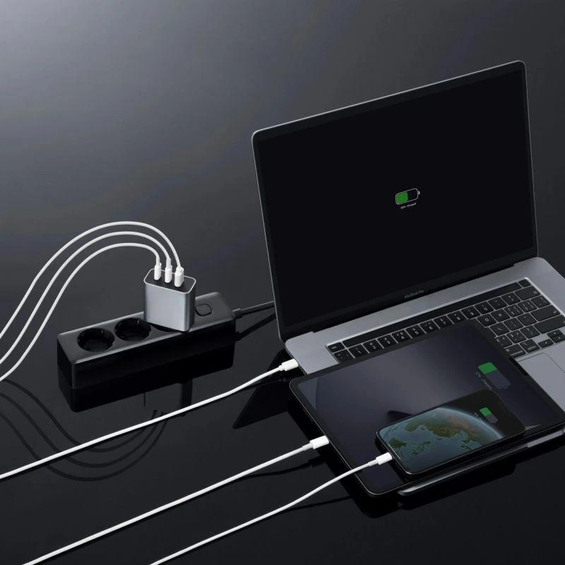 Cuktech 65 W GaN 2 x USB-C 1 x USB-A sieninis įkroviklis – pilkas