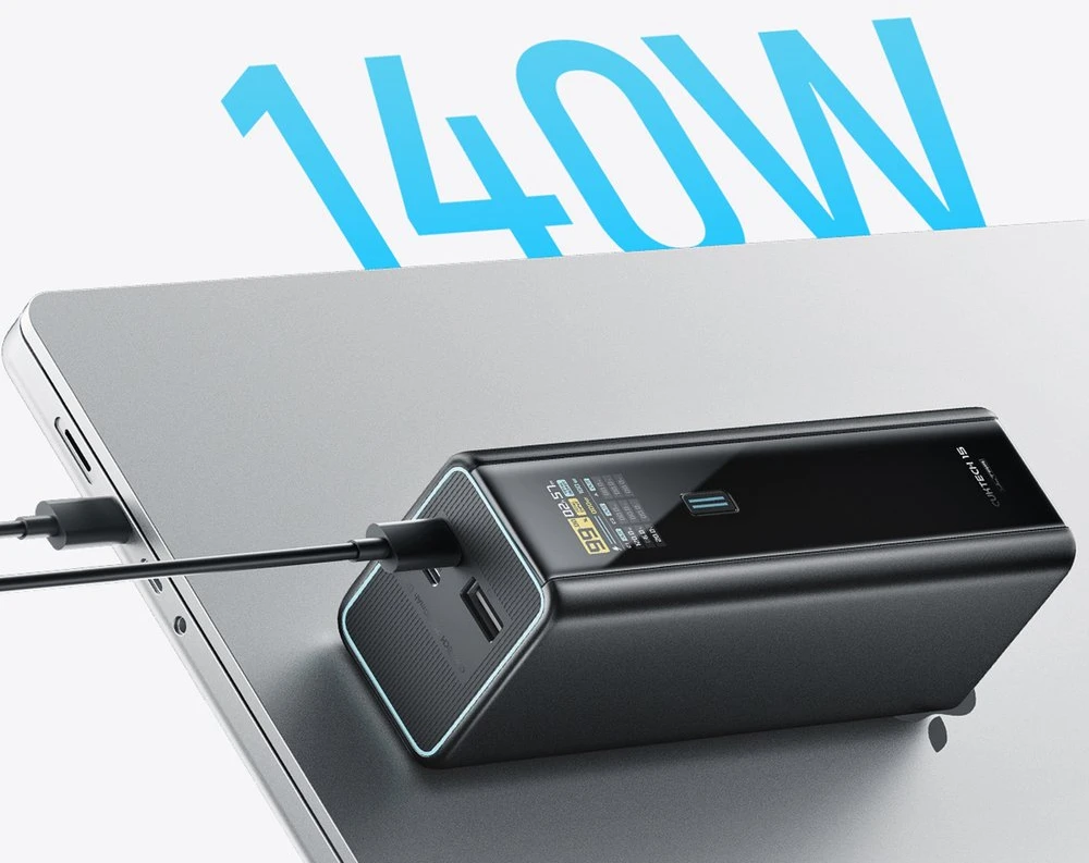 Cuktech PB200U išorinė baterija 210 W 20000 mAh 2 x USB-C + USB-A su TFT ekranu ir 240 W USB-C laidu - juodas