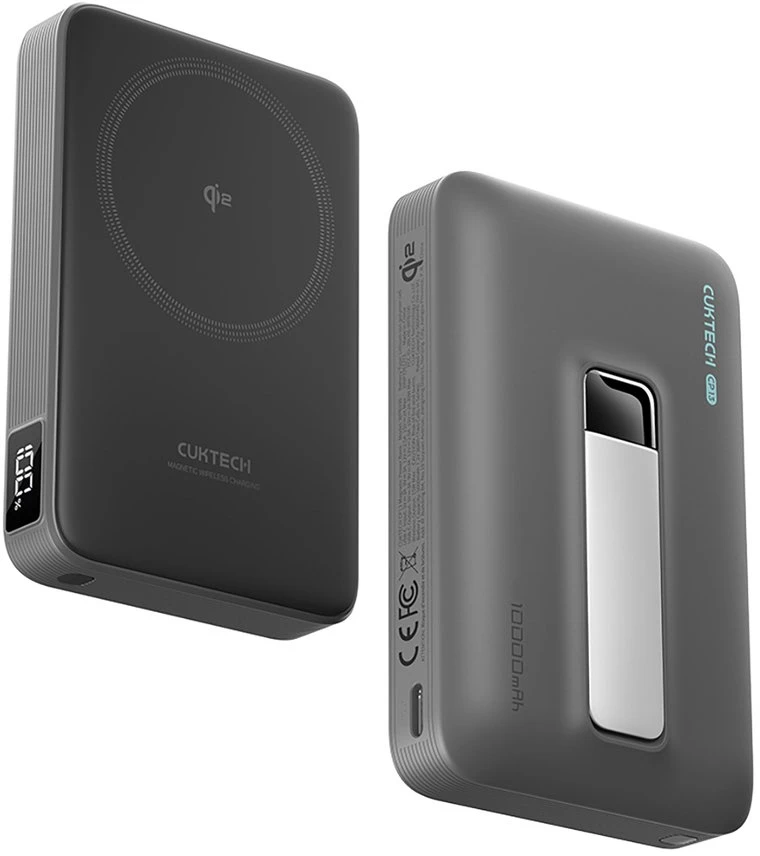 Cuktech WPB100 10000 mAh Qi2 magnetinė išorinė baterija 30W su stovu – juoda