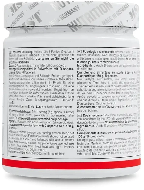 D-asparagino rūgšties milteliai MST DAA 150 g, neutralaus skonio