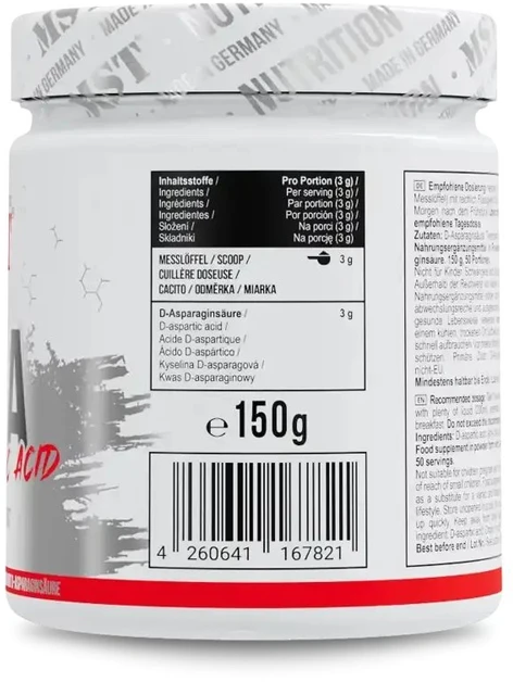 D-asparagino rūgšties milteliai MST DAA 150 g, neutralaus skonio