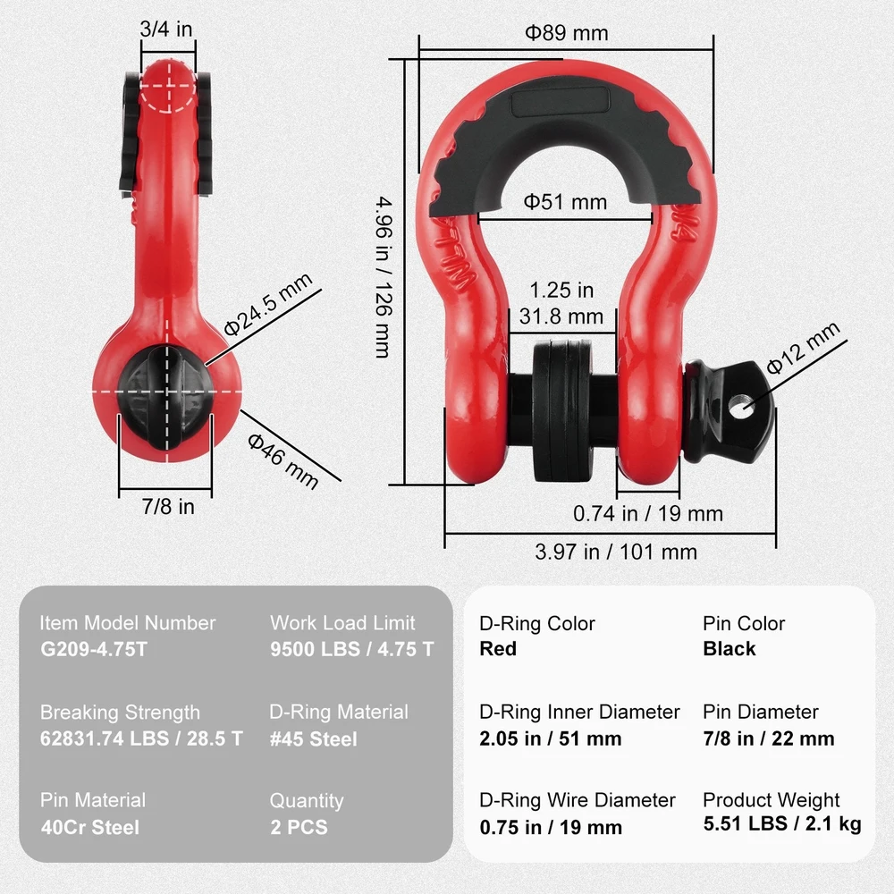 VEVOR 2 vnt. 19 mm D formos grandinės su 22 mm varžtu
