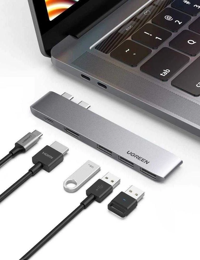 Adapterio šakotuvas UGREEN, 2XUSB_C iki 3x USB 3.0, HDMI