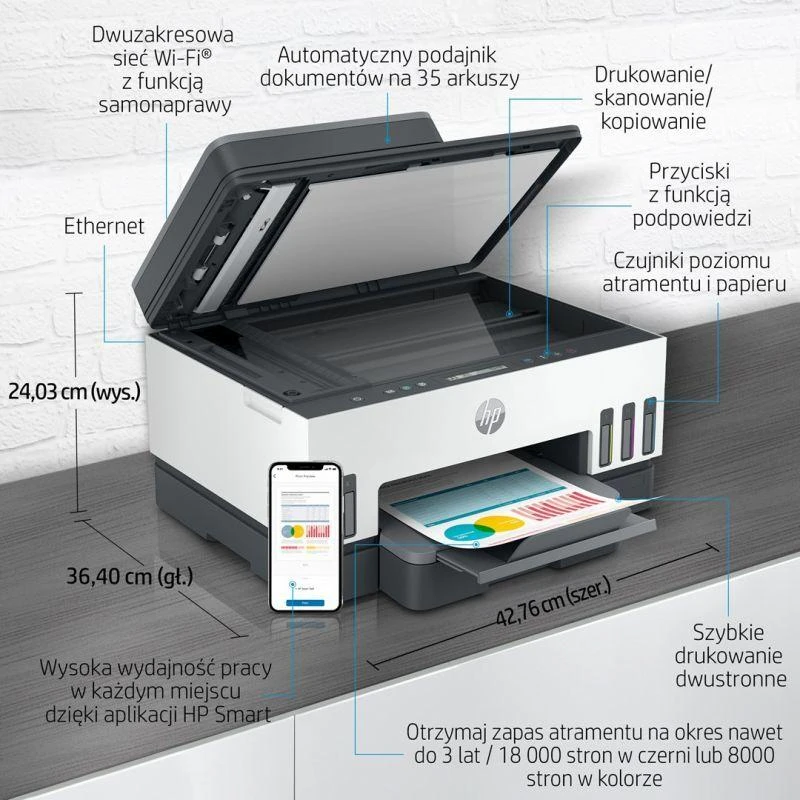 Hewlett Packard (HP) HP Smart Tank 750 AIO daugiafunkcis spausdintuvas Spausdintuvas - A4 spalvotas rašalinis, spausdinimas / kopijavimas / nuskaitymas, automatinis dvipusis spausdinimas, WiFi, 15 psl./min., 400–800 puslapių per mėnesį