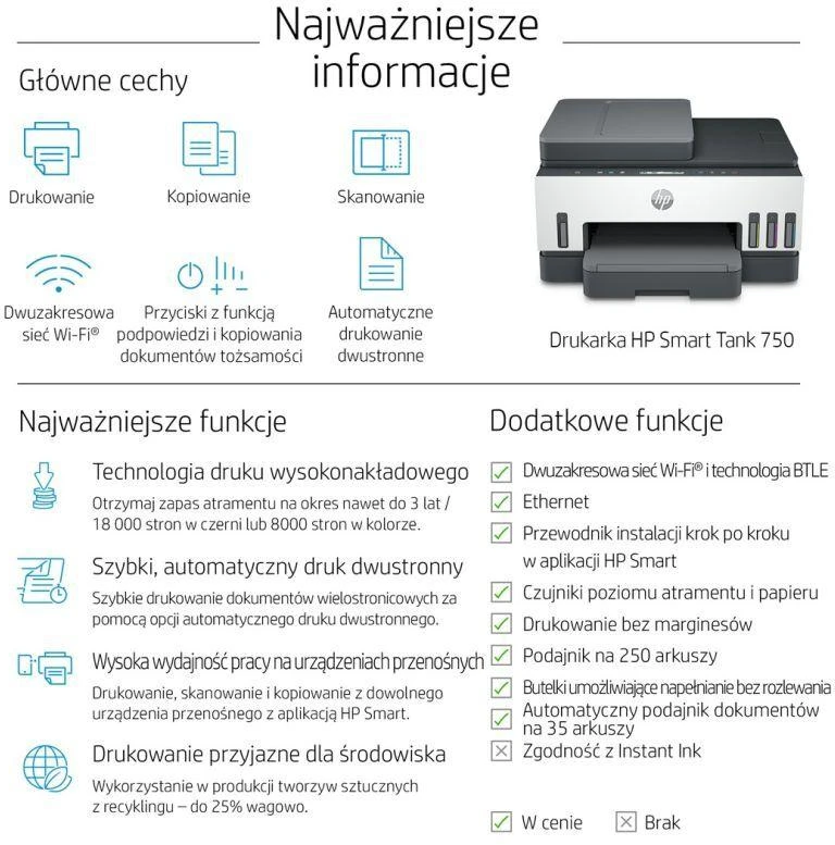Hewlett Packard (HP) HP Smart Tank 750 AIO daugiafunkcis spausdintuvas Spausdintuvas - A4 spalvotas rašalinis, spausdinimas / kopijavimas / nuskaitymas, automatinis dvipusis spausdinimas, WiFi, 15 psl./min., 400–800 puslapių per mėnesį