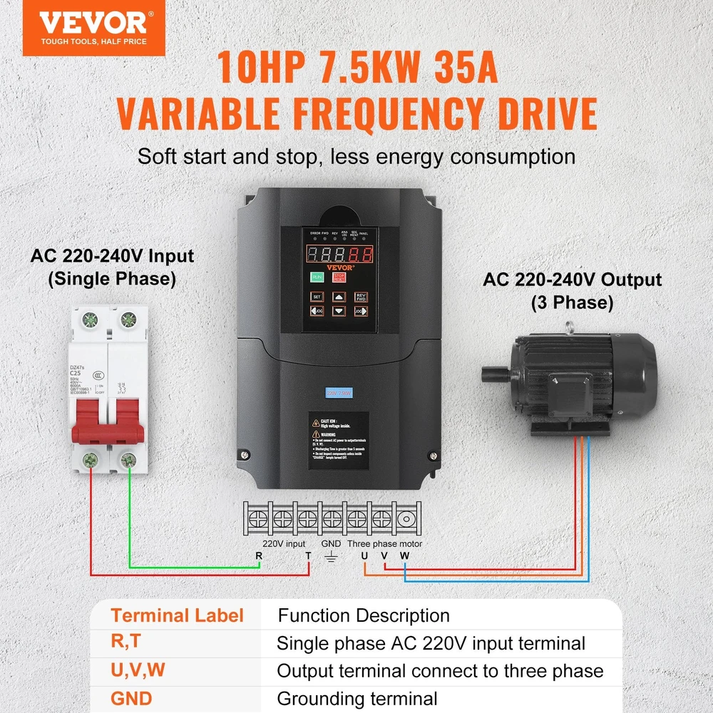 VEVOR 10 AG, 7,5 kW dažnio keitiklis 220V į 3 fazes
