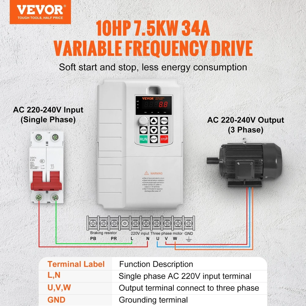 VEVOR 7,5 kW 10 AG kintamo dažnio keitiklis