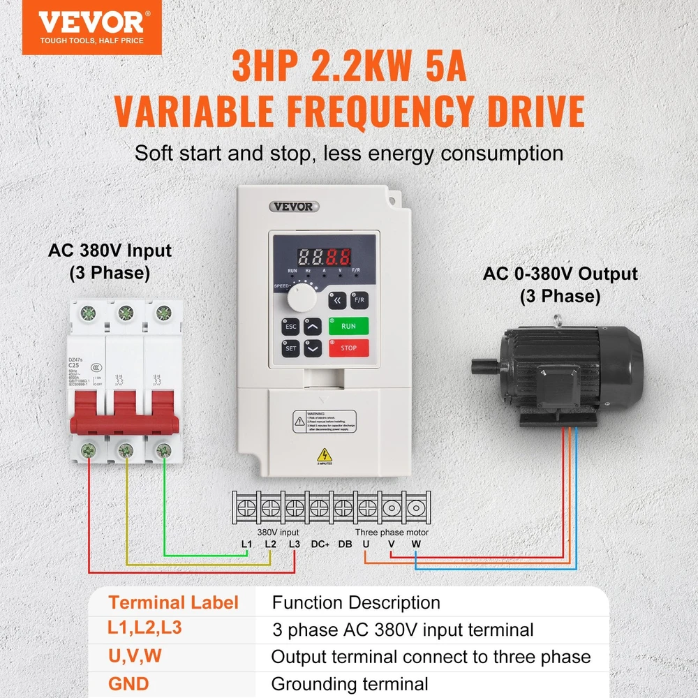 VEVOR Kintamo dažnio pavaros keitiklis 3PH, 2.2KW