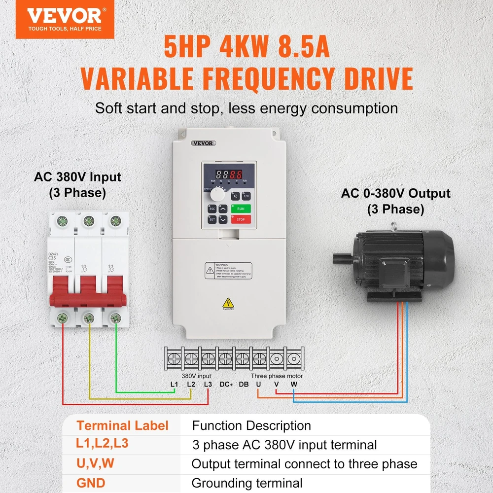VEVOR Kintamo dažnio keitiklis 5AG 4KW 8.5A, įvestis 380V
