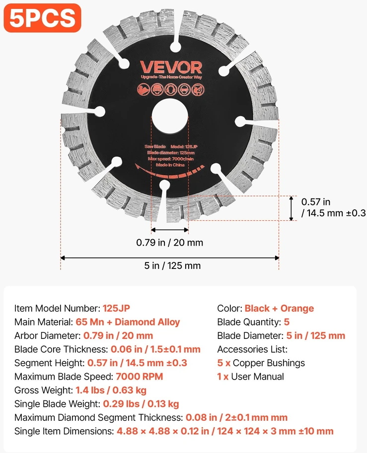 Deimantiniai pjovimo diskai VEVOR 125JP, 125 mm