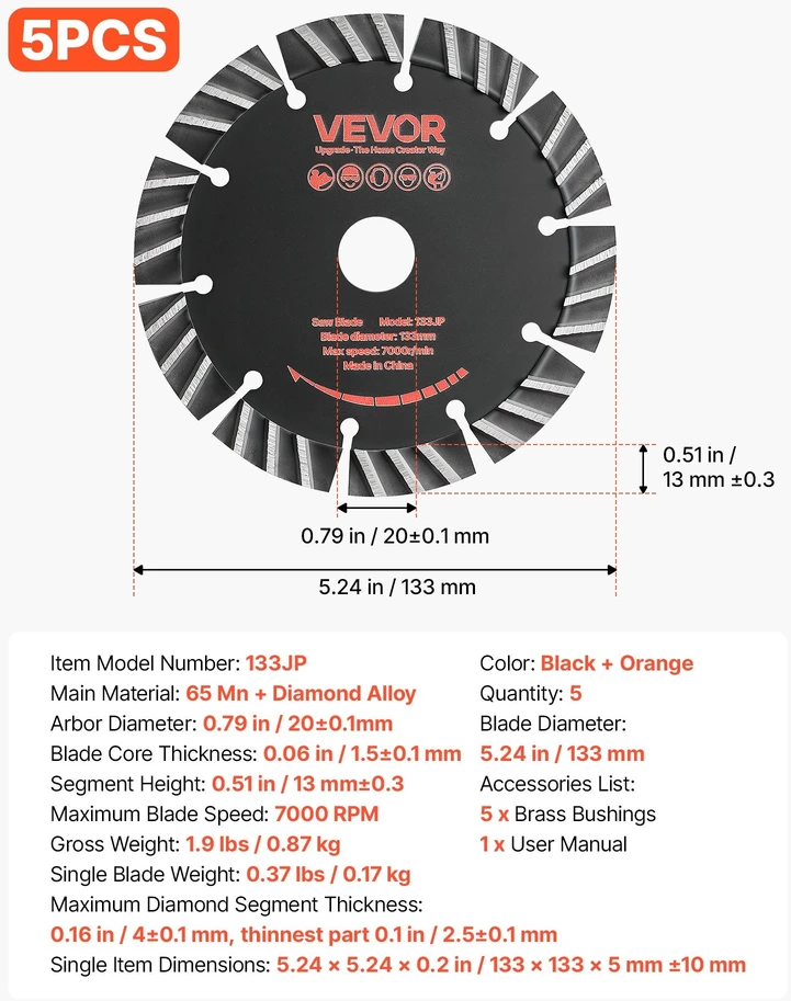 Deimantiniai pjovimo diskai VEVOR 133JP, 133 mm, 5 vnt.
