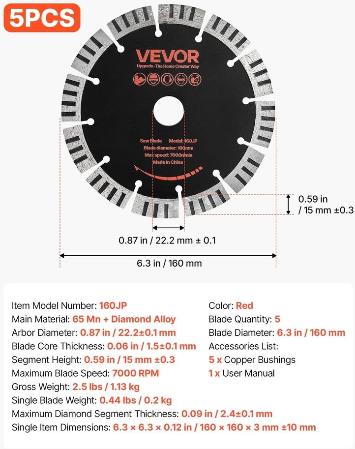 Deimantiniai pjovimo diskai VEVOR 160JP, 160 mm