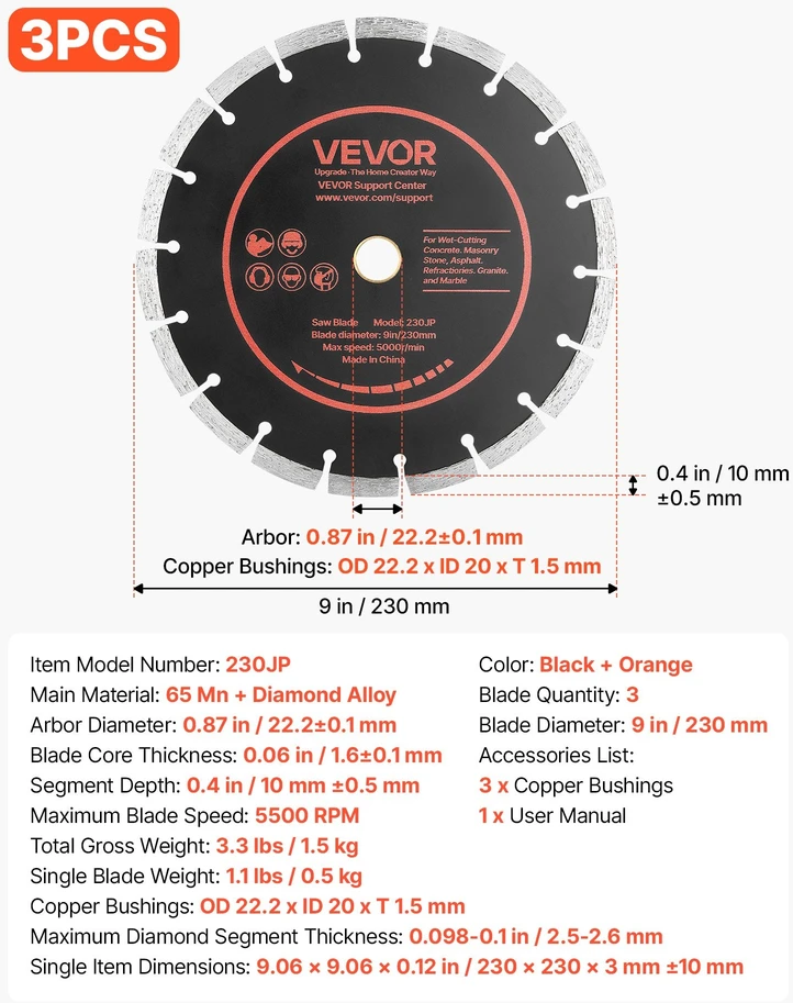 Deimantiniai pjovimo diskai VEVOR 230JP, 230 mm
