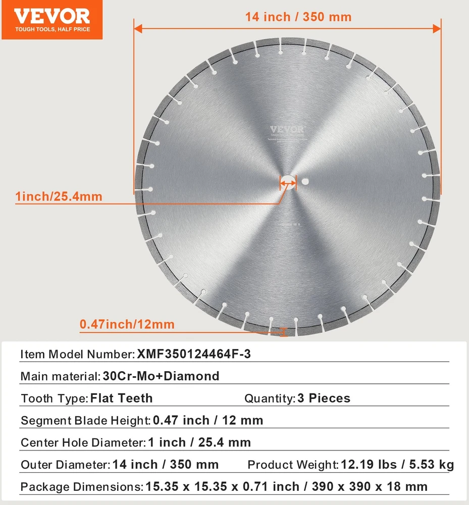 VEVOR 3 dalių deimantiniai pjovimo diskai betonui, 35 cm