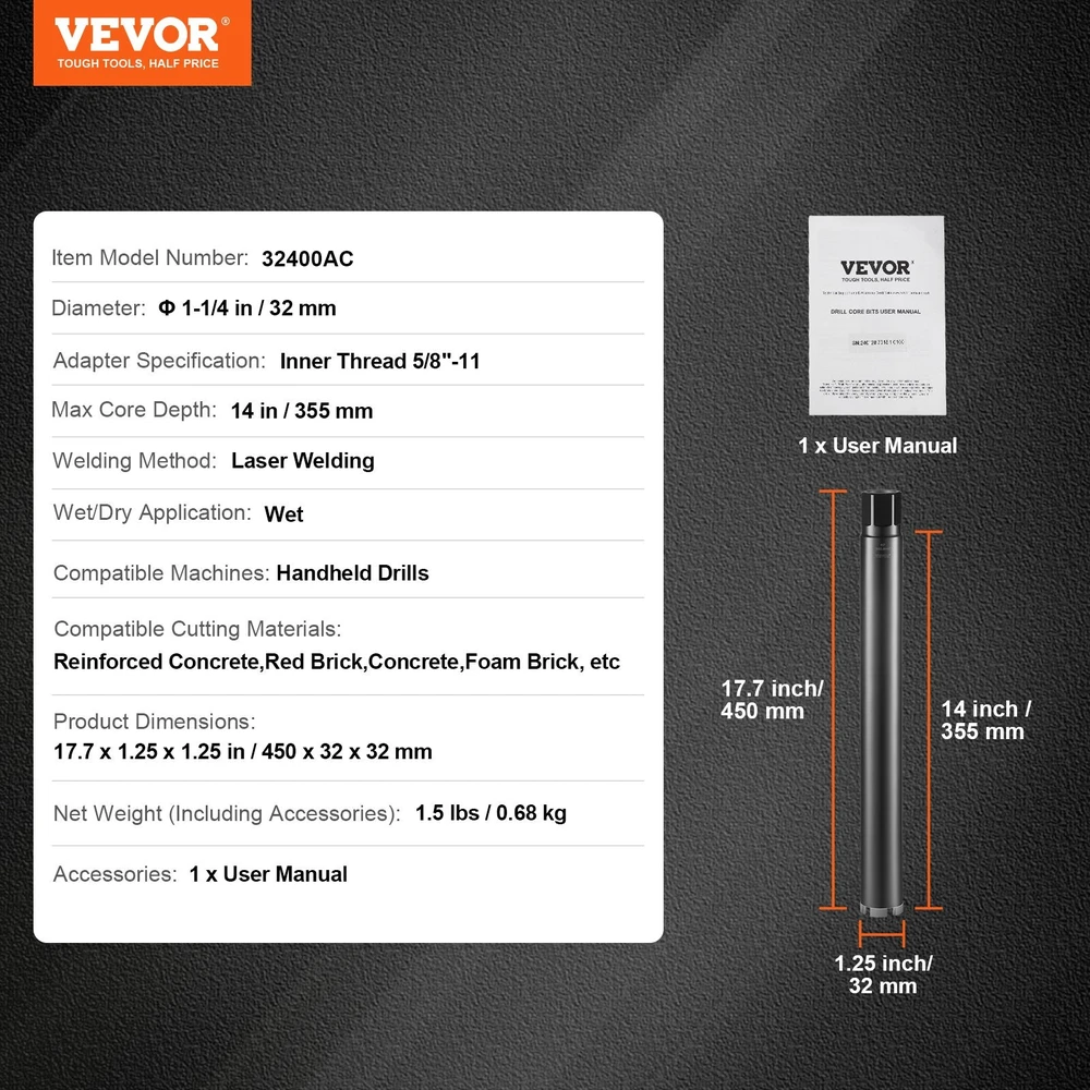 VEVOR Betono deimantinė grunto grąžtas 32 mm, 355 mm