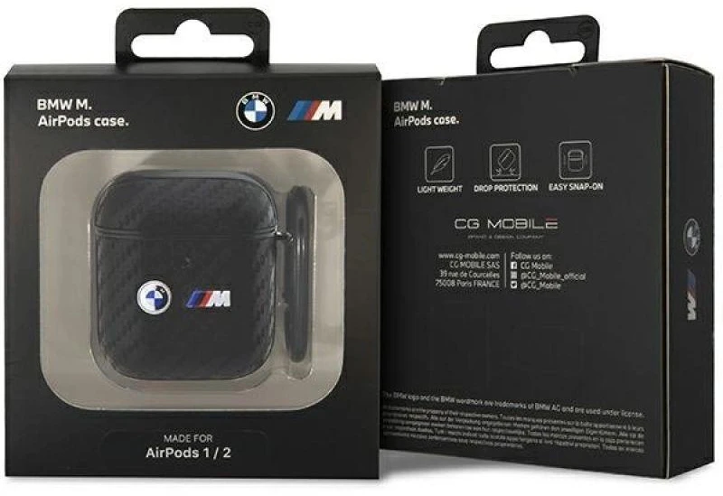 Dėklas AirPods 1/2 juodas/juodas Anglies pluošto dvigubo metalinio logotipo dizainas BMW