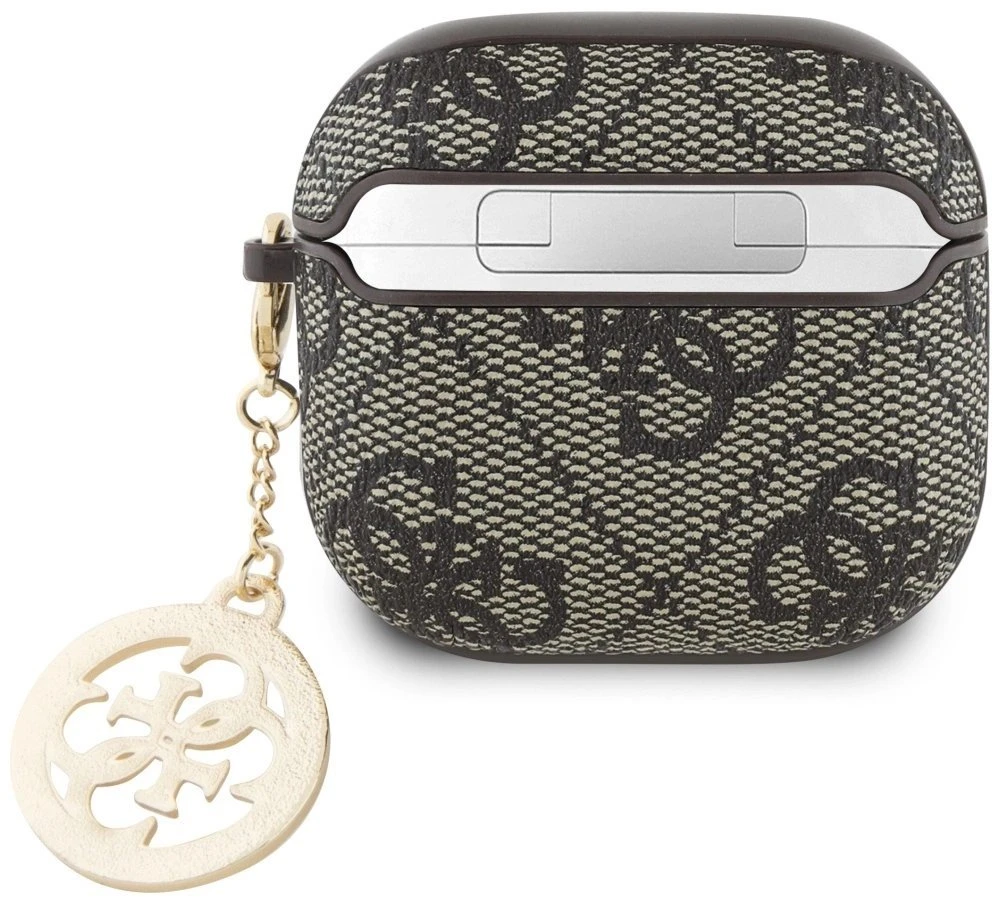 Guess 4G Script PC/PU Charm dėklas skirtas AirPods 4 rudos spalvos