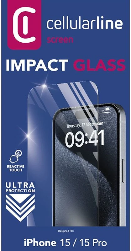 „Cellular Line Cellularline Impact Glass“ – grūdintas apsauginis stiklas, skirtas „Apple iPhone 15“ / „Apple iPhone 15 Pro“.