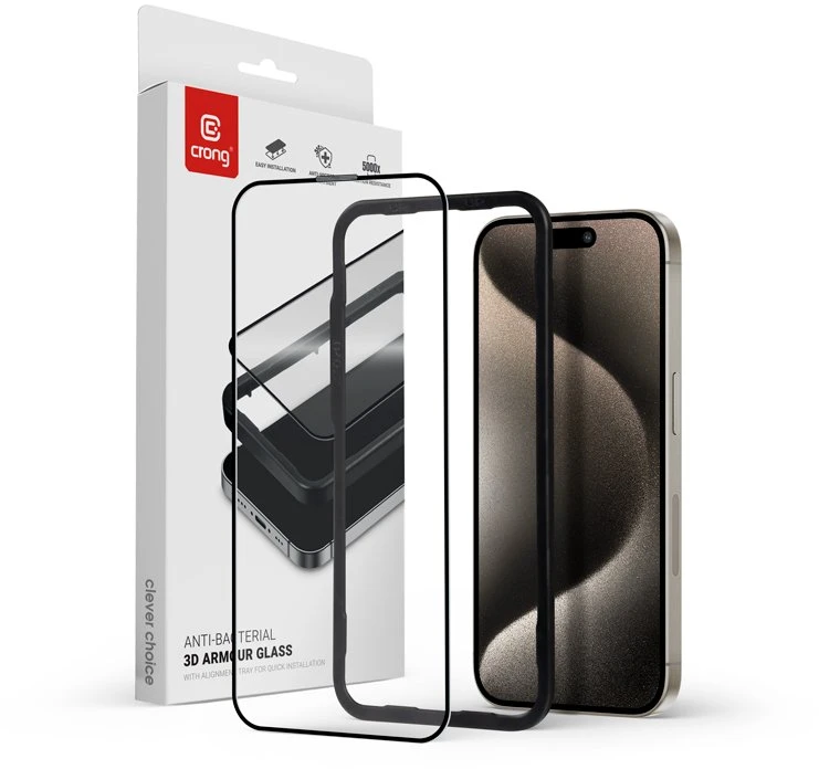 Crong Anti-Bacterial 3D Armor Glass – 9H viso ekrano grūdintas stiklas, skirtas iPhone 15 Pro Max + montavimo rėmelis