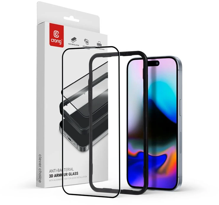 Crong Anti-Bacterial 3D Armor Glass – grūdintas stiklas 9H visam ekranui iPhone 16 Pro Max + montavimo rėmelis