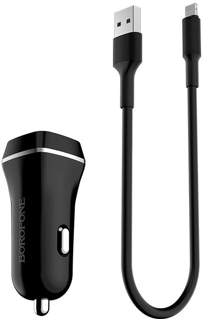 Įkroviklis automobilinis Borofone BZ2 su 2 USB jungtimis + Lightning (2.4A) juodas
