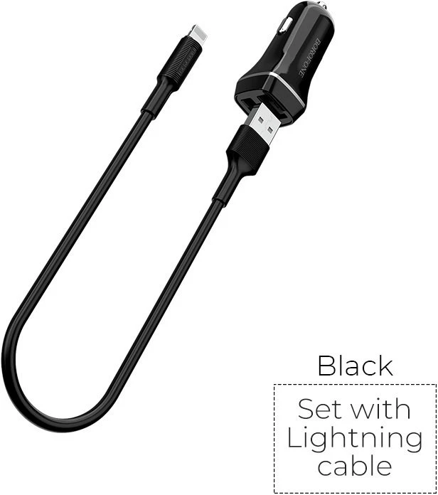 Įkroviklis automobilinis Borofone BZ2 su 2 USB jungtimis + Lightning (2.4A) juodas