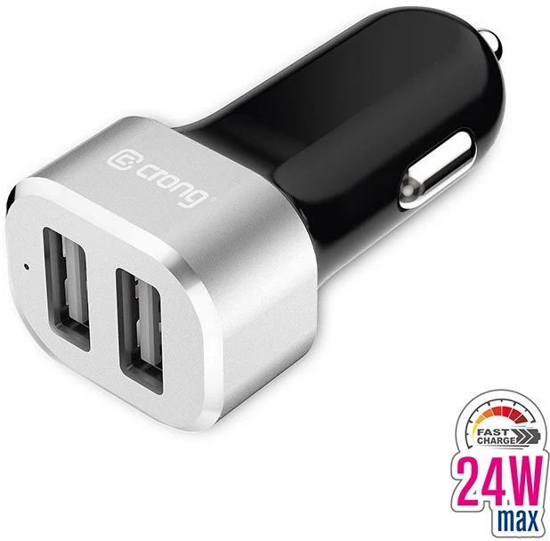 Adapteris Crong Power automobilinis įkroviklis 24W su dviem USB prievadais (aliuminis)