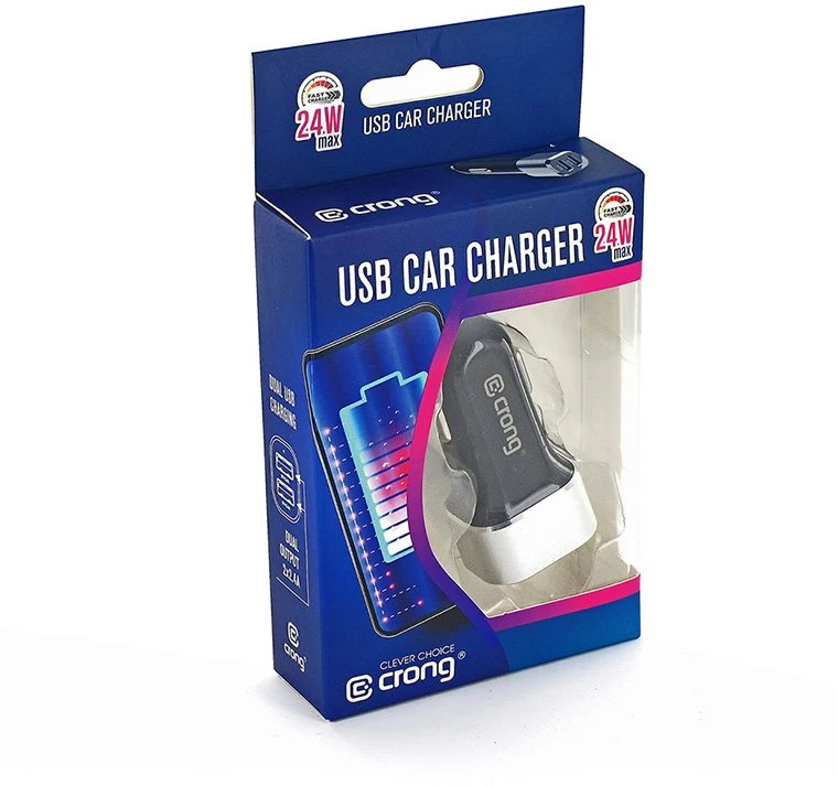 Adapteris Crong Power automobilinis įkroviklis 24W su dviem USB prievadais (aliuminis)