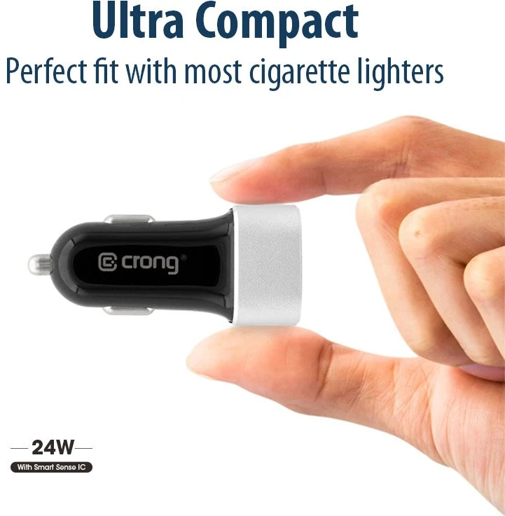 Adapteris Crong Power automobilinis įkroviklis 24W su dviem USB prievadais (aliuminis)