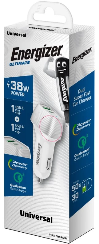 Dėklas Energizer Ultimate - Įkroviklis samochodowa USB-C & USB-A 38W PD + QC3.0 (Baltas / Sidabrinė)