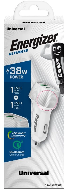 Dėklas Energizer Ultimate - Įkroviklis samochodowa USB-C & USB-A 38W PD + QC3.0 (Baltas / Sidabrinė)