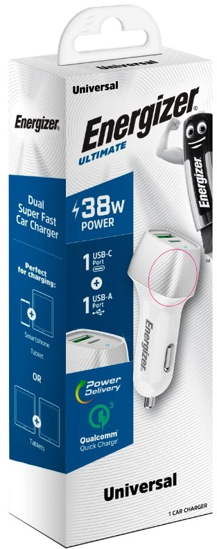 Dėklas Energizer Ultimate - Įkroviklis samochodowa USB-C & USB-A 38W PD + QC3.0 (Baltas / Sidabrinė)