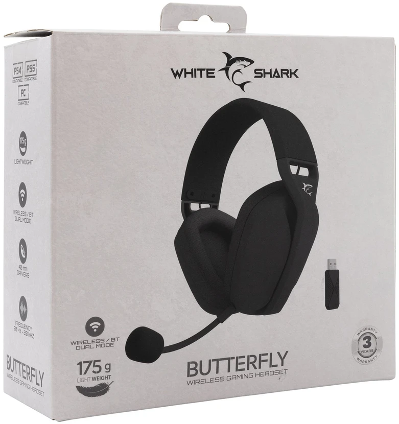 White Shark Baltas Shark Baltas Shark belaidės žaidimams ausinės BUTTERFLY, skirta PC, PS4/5, MAC, Juodas