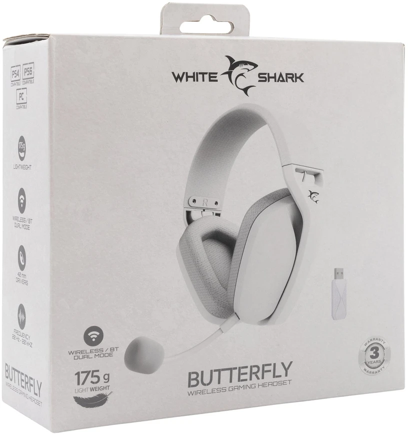 White Shark Baltas Shark belaidės žaidimams ausinės BUTTERFLY, skirta PC, PS4/5, XBOX, MAC, Baltas
