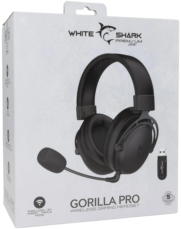 White Shark Baltas Shark Baltas Shark žaidimų ausinės GORILLA PRO,su mikrofonu, skirta PC, PS4/PS5, MAC,juodos spalvos