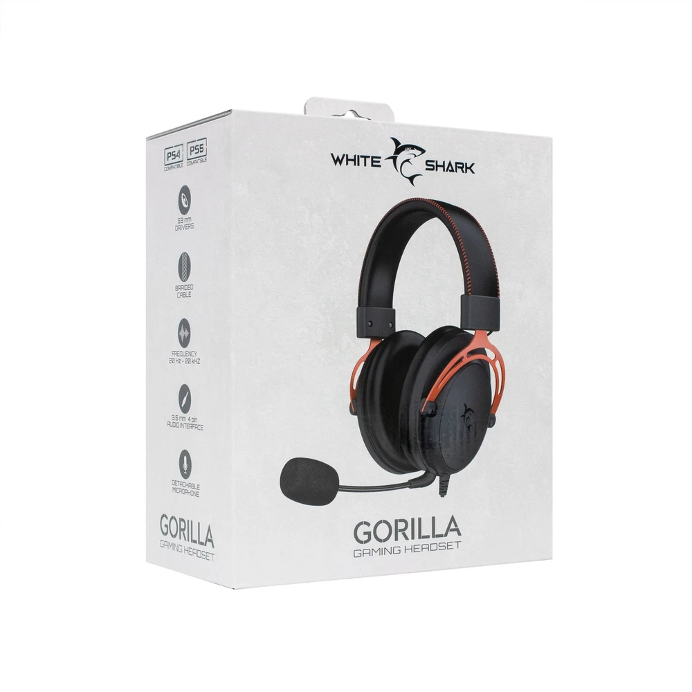 White Shark Baltas Shark Baltas Shark žaidimų ausinės GORILLA, su mikrofonu,PC, PS4/PS5, MAC, juodos spalvos/Raudona (GH-2341)